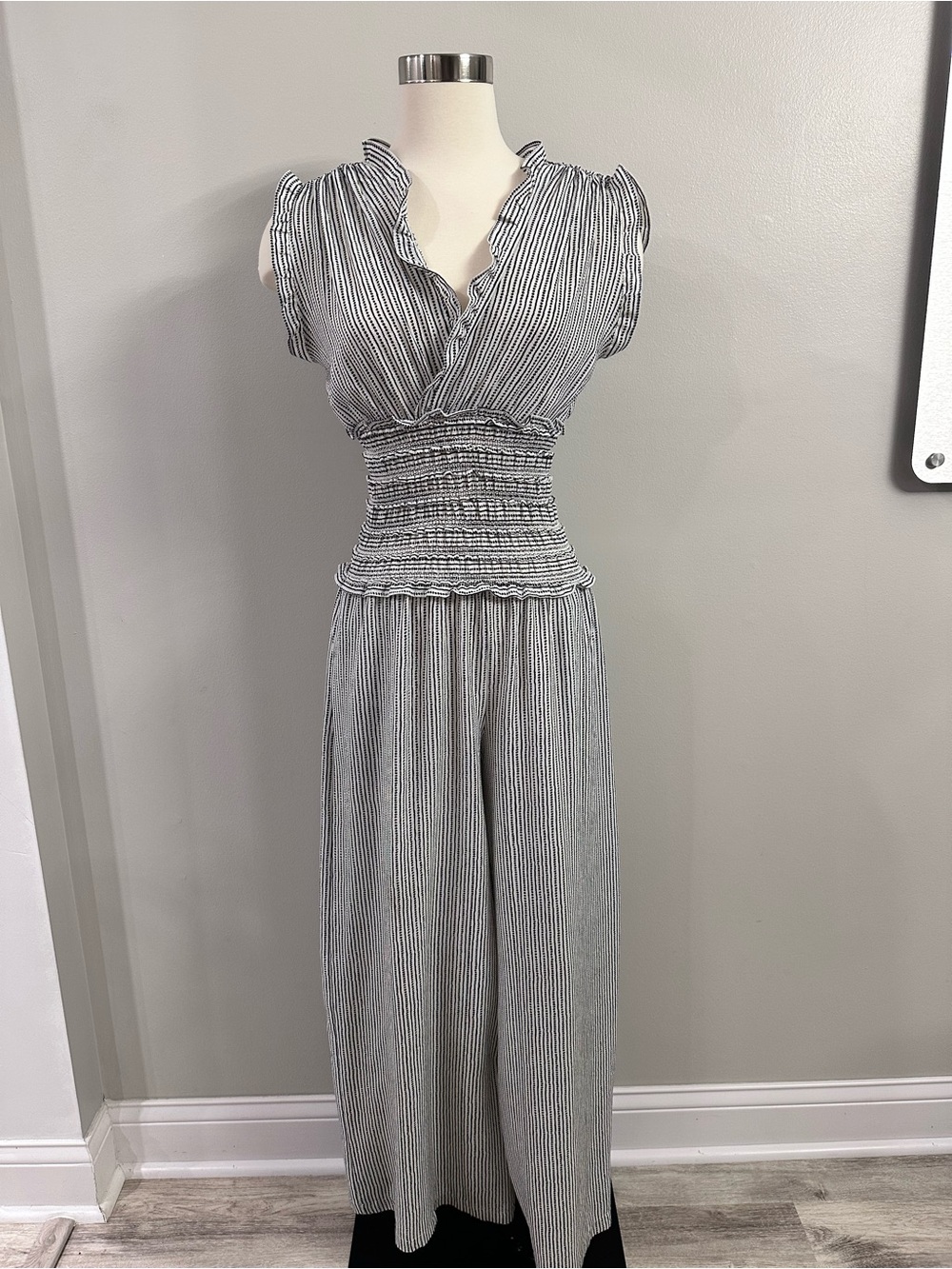 Max Studio Black & White Striped Cinched Waist Jumpsuit